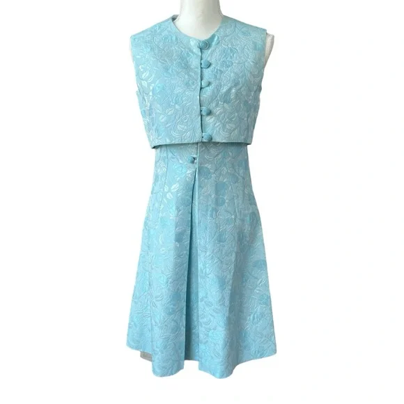 VTG 60s sky blue brocade cocktail dress matching shrug jacket women small - Picture 1 of 6